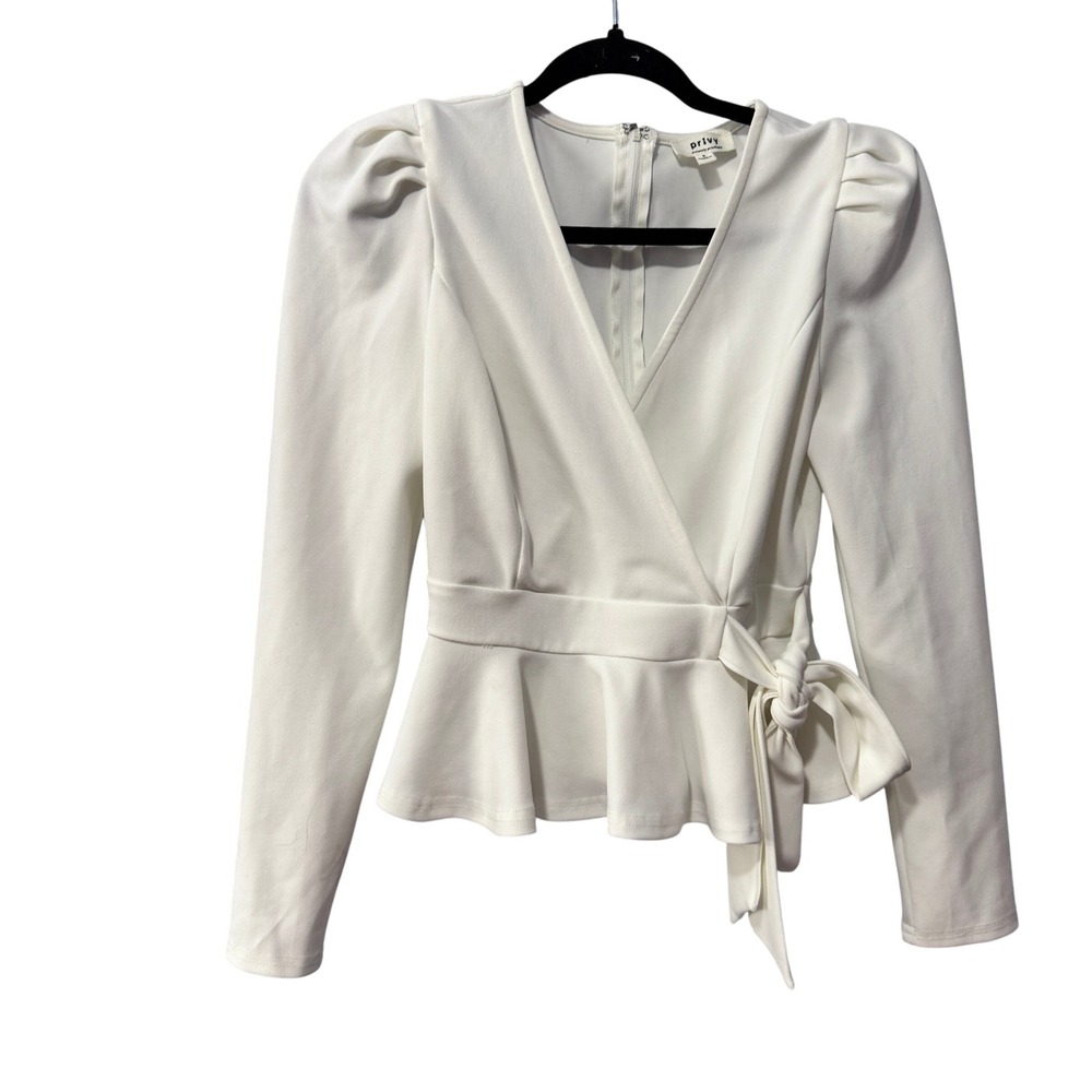 Privy Wrap Peplum Top White Puff‎ Sleeve Tie Waist V Neck Long Sleeve Womens S